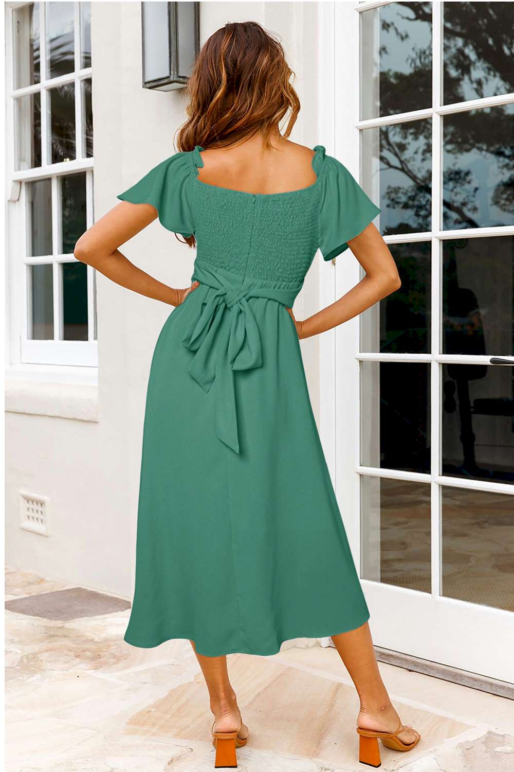 Chic Off-shoulder Smocked Tie Back Midi Dress