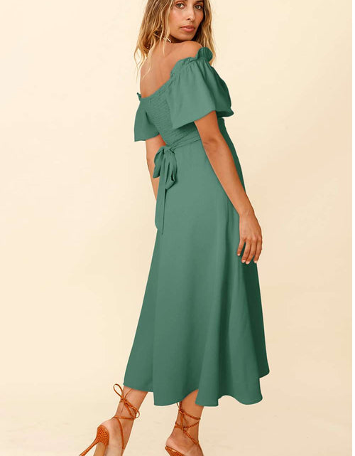 Load image into Gallery viewer, Chic Off-shoulder Smocked Tie Back Midi Dress
