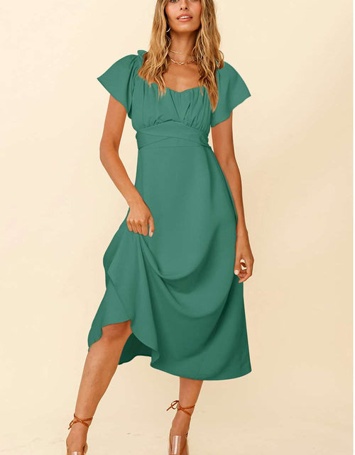 Load image into Gallery viewer, Chic Off-shoulder Smocked Tie Back Midi Dress
