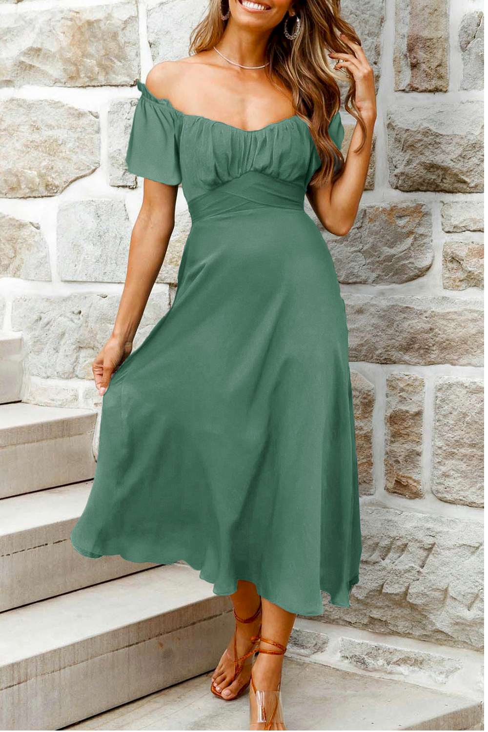 Chic Off-shoulder Smocked Tie Back Midi Dress