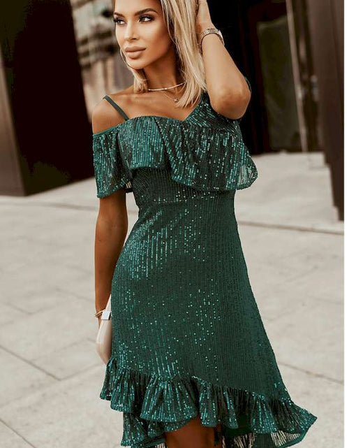 Load image into Gallery viewer, One-Shoulder Sling Ruffled Sequin Dress
