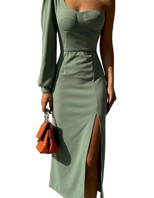 Load image into Gallery viewer, Green One Shoulder Puff Sleeve Sexy Splited Midi Dress
