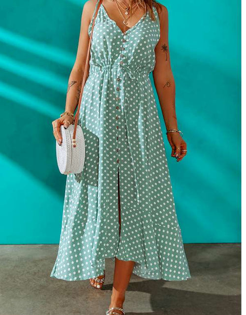 Load image into Gallery viewer, Green Polka Dot Print Split Buttoned V Neck Maxi Dress
