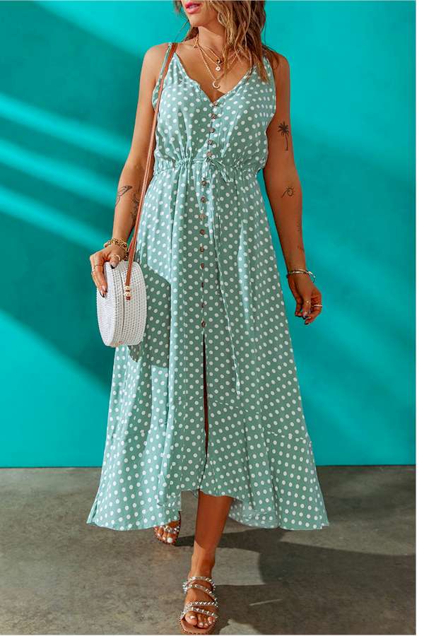 Green Polka Dot Print Split Buttoned V Neck Maxi Dress