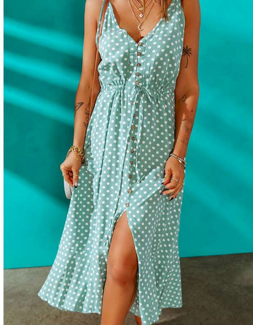 Load image into Gallery viewer, Green Polka Dot Print Split Buttoned V Neck Maxi Dress
