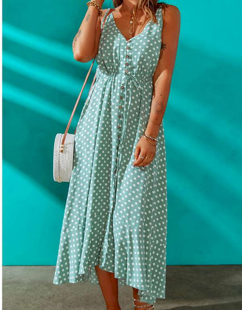 Load image into Gallery viewer, Green Polka Dot Print Split Buttoned V Neck Maxi Dress
