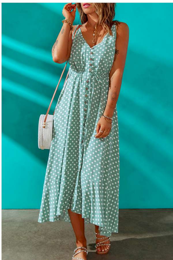 Green Polka Dot Print Split Buttoned V Neck Maxi Dress