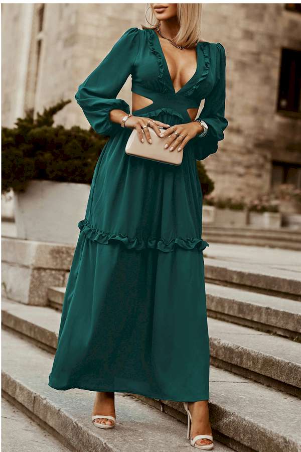 Chic Ruffled Deep V Lace up Back Maxi Dress