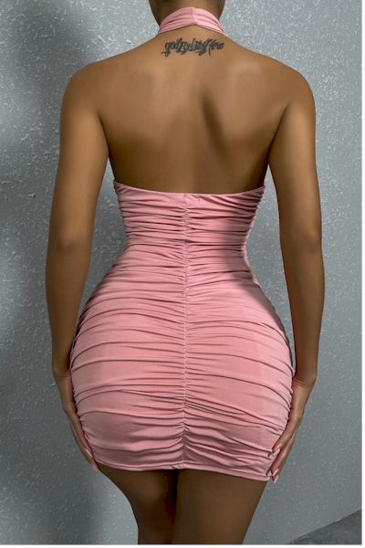  Halter Neck Pleated Backless Pink Mini Dress