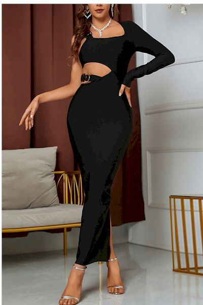 Dazzle the Crowd: Metallic Ring Hollow Slit Party Dress