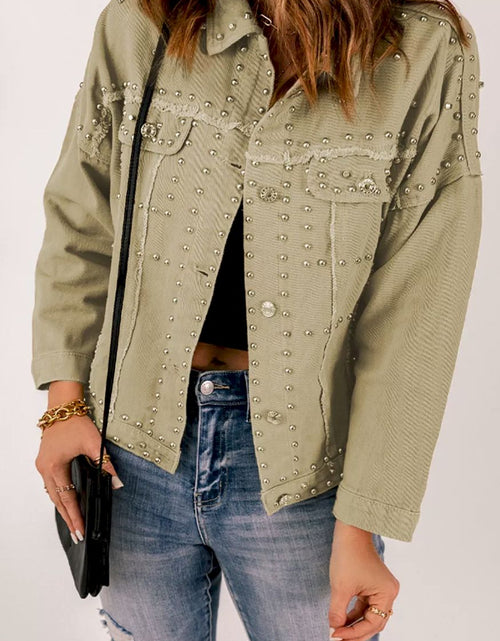 Load image into Gallery viewer, Khaki Frayed Trim Rivet Denim Jacket
