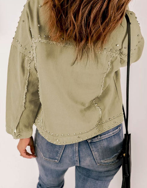 Load image into Gallery viewer, Khaki Frayed Trim Rivet Denim Jacket
