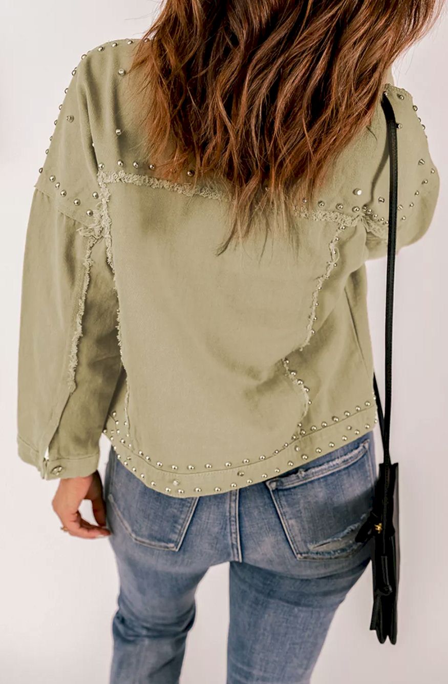 Khaki Frayed Trim Rivet Denim Jacket