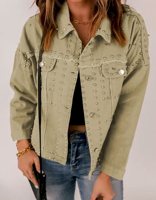 Load image into Gallery viewer, Khaki Frayed Trim Rivet Denim Jacket
