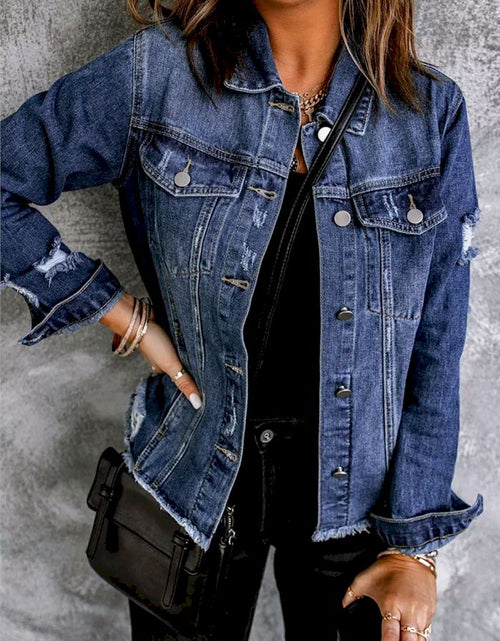 Load image into Gallery viewer, Lapel Distressed Raw Hem Buttons Denim Jacket
