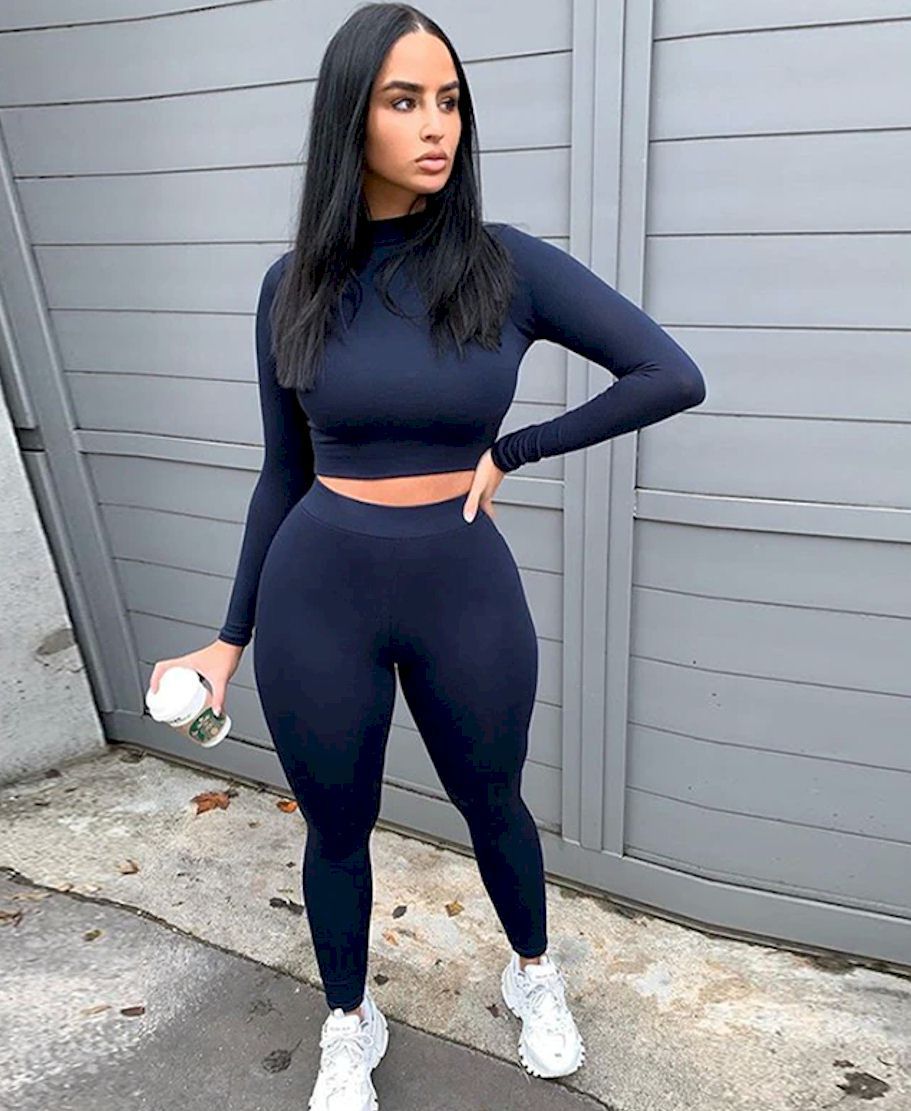 Bodycon Stretchy Two Piece Solid Color Top with Leggings