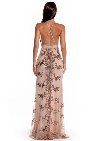 Sleek and Sexy: Backless Zip-Up Sequin Embroidered Gown