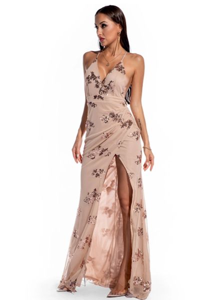 Sleek and Sexy: Backless Zip-Up Sequin Embroidered Gown