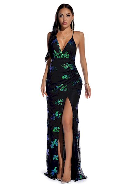 Sleek and Sexy: Backless Zip-Up Sequin Embroidered Gown