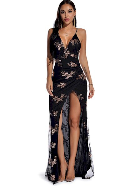 Sleek and Sexy: Backless Zip-Up Sequin Embroidered Gown