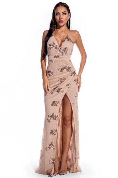 Sleek and Sexy: Backless Zip-Up Sequin Embroidered Gown