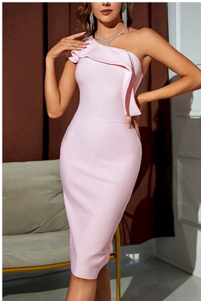 Load image into Gallery viewer, Chic and Classy: Make a Statement in our Eye-Catching One Shoulder Midi Dress!
