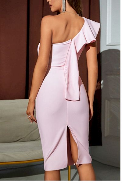 Load image into Gallery viewer, Chic and Classy: Make a Statement in our Eye-Catching One Shoulder Midi Dress!
