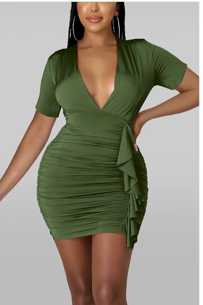 Load image into Gallery viewer, Stretchy Deep V Ruched Sexy Bodycon Mini Dress
