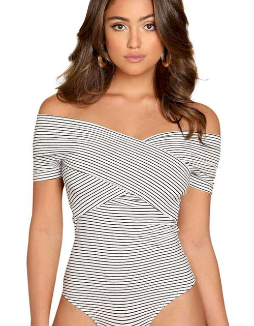 Load image into Gallery viewer, Off Shoulder Crisscross Wrap Striped Bodysuit
