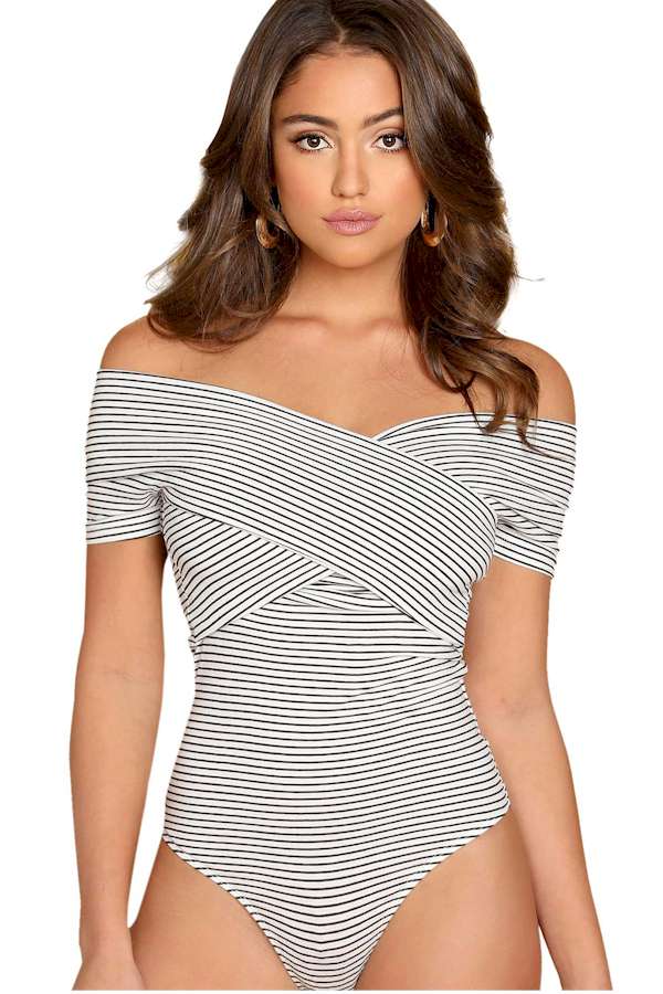 Off Shoulder Crisscross Wrap Striped Bodysuit