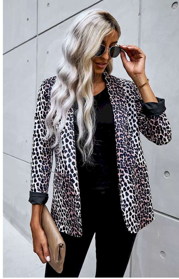 Open Front Long Sleeve Leopard Blazer Suit