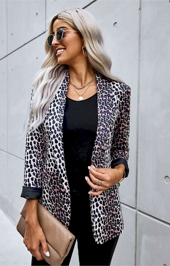 Open Front Long Sleeve Leopard Blazer Suit