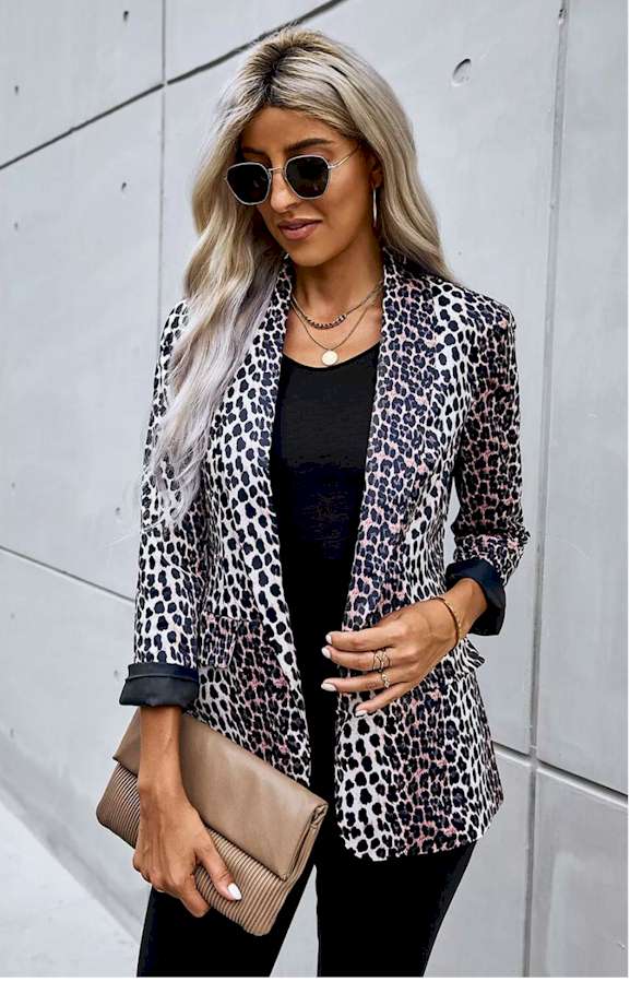 Open Front Long Sleeve Leopard Blazer Suit