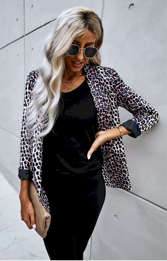 Open Front Long Sleeve Leopard Blazer Suit