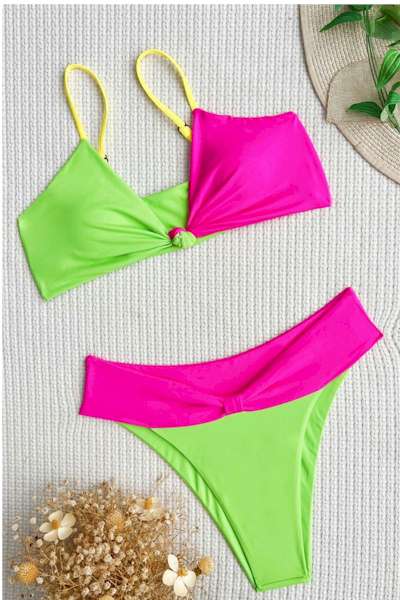 Pink and Green Padded Knotted Backless Sling Sexy Bikini