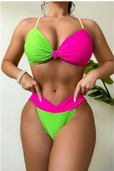 Pink and Green Padded Knotted Backless Sling Sexy Bikini