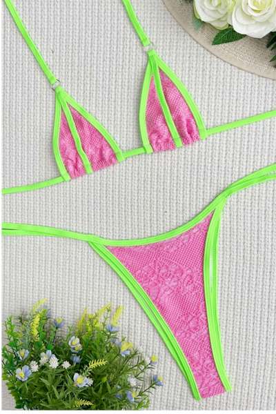 Pink and Green Unpadded Halter-Neck Tied Triangle Sexy Bikini