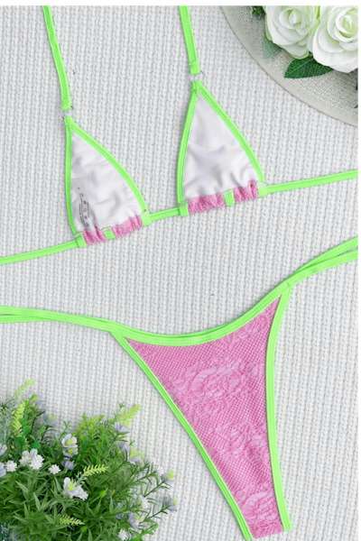 Pink and Green Unpadded Halter-Neck Tied Triangle Sexy Bikini