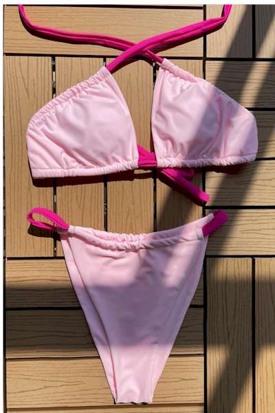 Pink Padded Halter-Neck Tied Sexy Classic Bikini Set