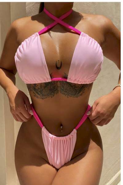 Pink Padded Halter-Neck Tied Sexy Classic Bikini Set