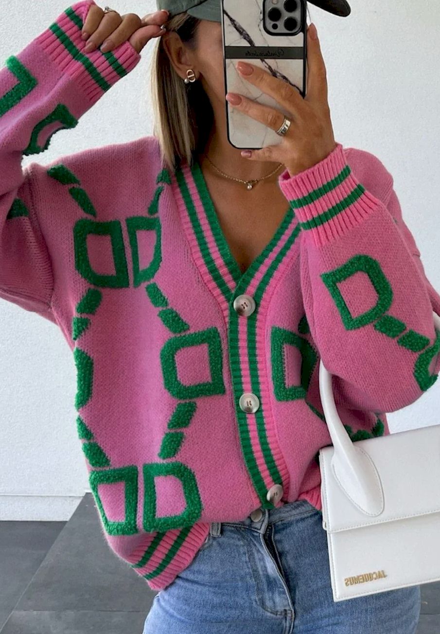 Statement-Making Oversized Sweater in AKA Pink and Green