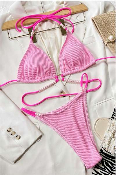 Pink Padded Pearl Decor Halter-Neck Tied Triangle Sexy Bikini