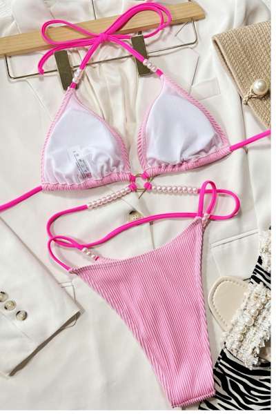 Pink Padded Pearl Decor Halter-Neck Tied Triangle Sexy Bikini