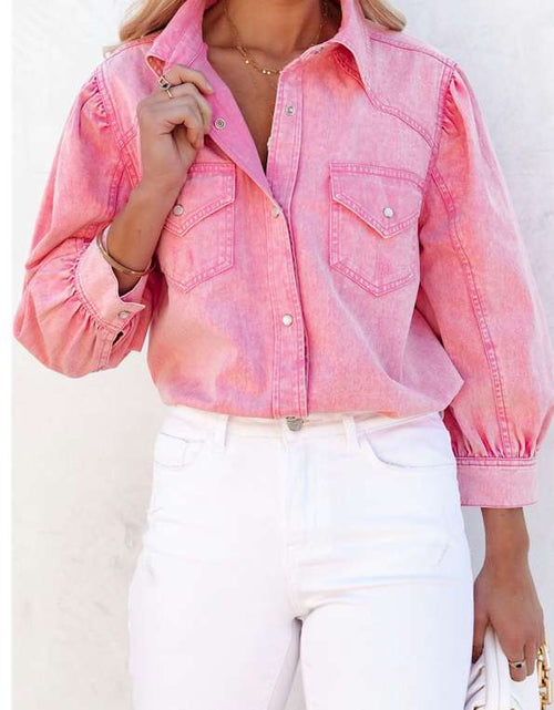 Load image into Gallery viewer, Pink Acid Washed Snap Buttons Denim Shirt
