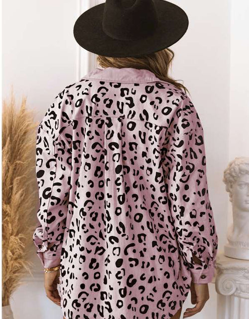 Load image into Gallery viewer, Pink Collared Neckline Flap Pockets Leopard Corduroy Jacket
