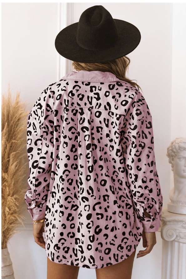 Pink Collared Neckline Flap Pockets Leopard Corduroy Jacket