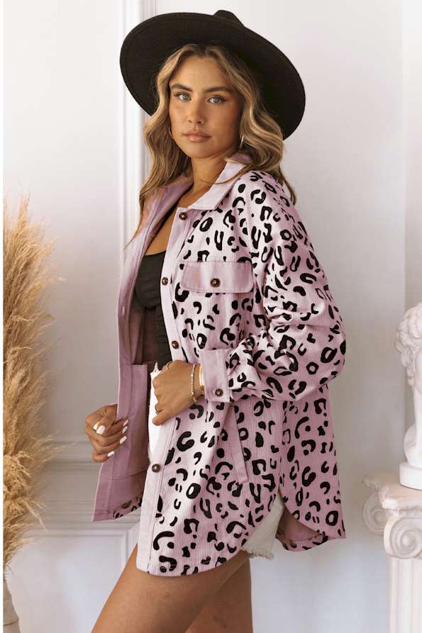 Pink Collared Neckline Flap Pockets Leopard Corduroy Jacket