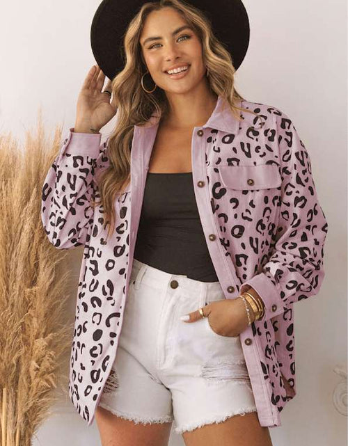 Load image into Gallery viewer, Pink Collared Neckline Flap Pockets Leopard Corduroy Jacket
