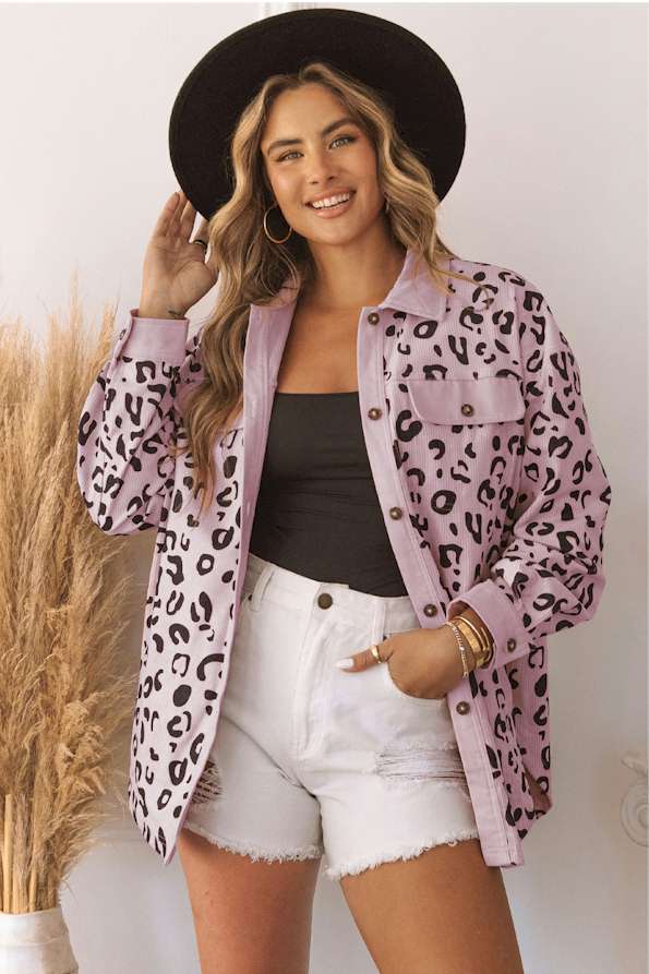 Pink Collared Neckline Flap Pockets Leopard Corduroy Jacket