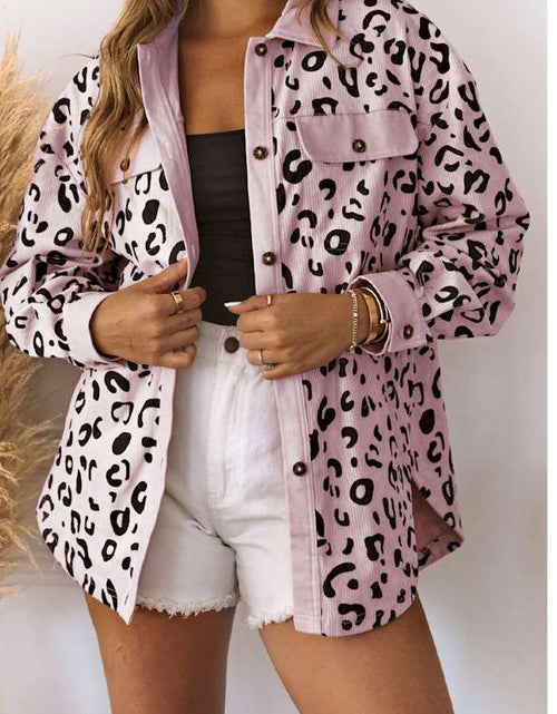 Load image into Gallery viewer, Pink Collared Neckline Flap Pockets Leopard Corduroy Jacket
